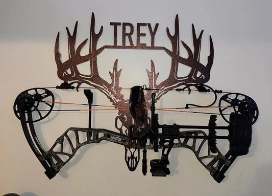 Personalized metal bow holder to hold your compound bow.