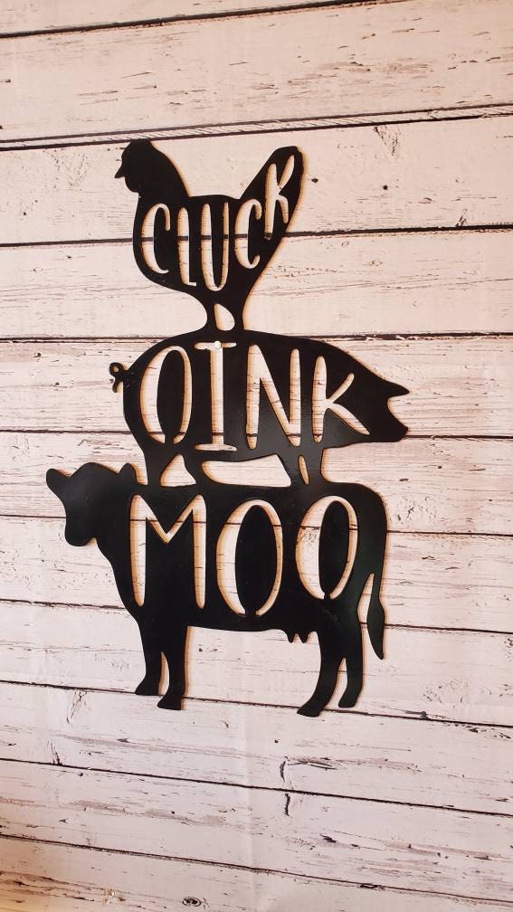 Kitchen Metal Sign, Cluck Oink Moo, Kitchen Decor, Pantry Sign, Dining Room Sign, Farmhouse Decor, Metal Sign, Metal Words, Kitchen Sign