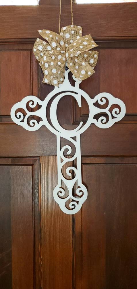 Monogram Door Hanger that is a cross with a scroll design.