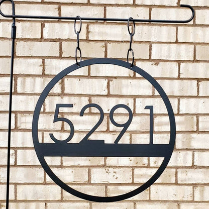 Modern Address House Numbers Metal Garden Flag to hang outside by the mailbox or in your front yard.