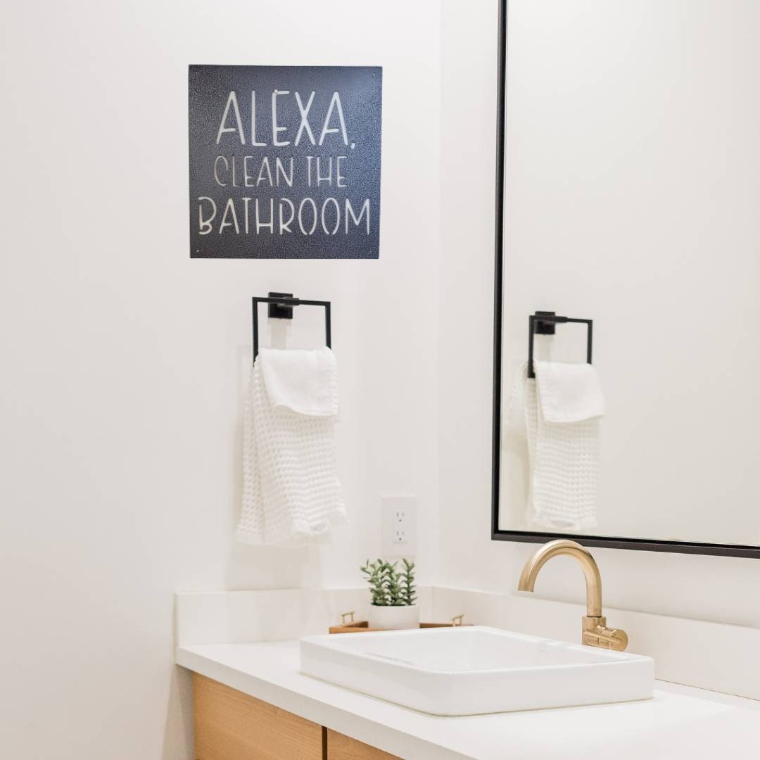 Alexa Clean The Bathroom Metal Sign, Funny Bathroom Sign, Funny Bathroom Wall Decor, Bathroom Decor, Bathroom Signs, Bathroom Wall Art