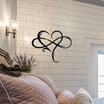 Heart Infinity metal wall decor that is hanging in a farmhouse style bedroom wall.