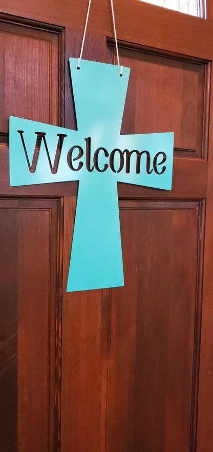 Welcome Door Hanger, Cross Door Hanger, Metal Cross, Door Decor, Front Door Sign, Door Sign, Welcome Sign, Metal Sign, Welcome, Porch Sign