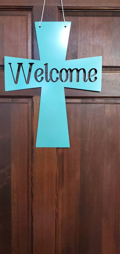 Welcome Door Hanger, Cross Door Hanger, Metal Cross, Door Decor, Front Door Sign, Door Sign, Welcome Sign, Metal Sign, Welcome, Porch Sign