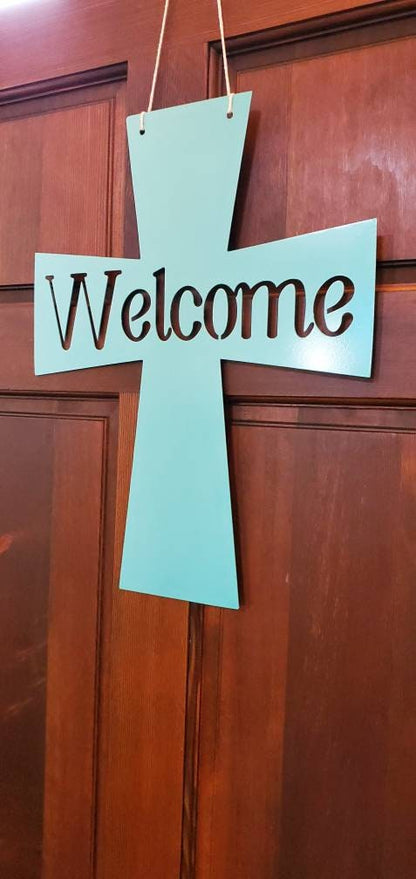 Welcome Door Hanger, Cross Door Hanger, Metal Cross, Door Decor, Front Door Sign, Door Sign, Welcome Sign, Metal Sign, Welcome, Porch Sign