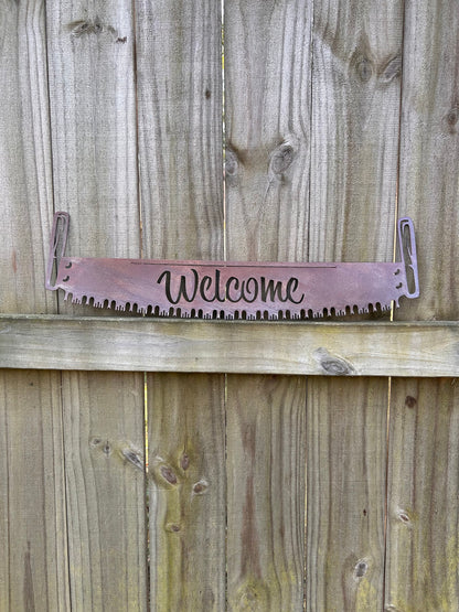 Rustic Saw Blade Sign, Welcome Sign, Crosscut Saw Wall Hanging, Outdoor Sign, Cabin Decor, Gifts for Him, Gifts for Dad, Gifts for Husband