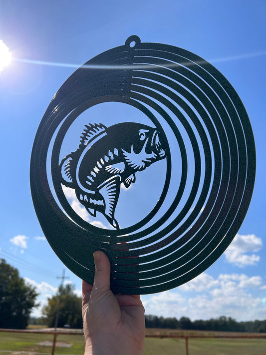 Bass fish metal wind spinner to hang outside.