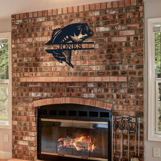 Personalized bass fish sign that you add your wording in the middle. It is hanging over the fire place.